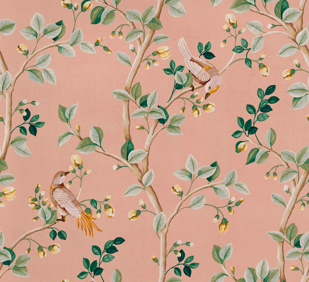 Birds Prosperity wallpaper by Coordonné in Pink, flat swatch
