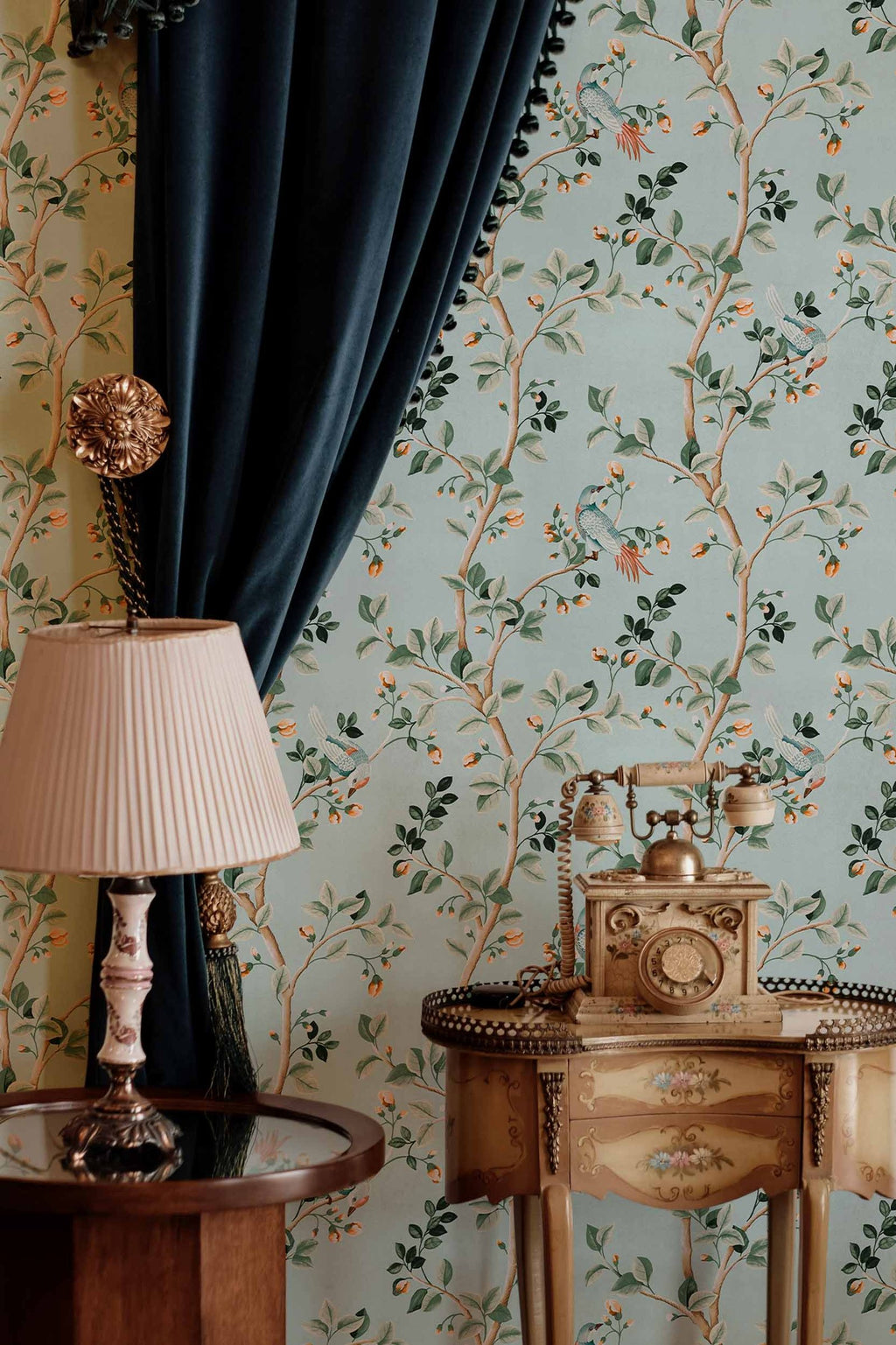 Birds Prosperity wallpaper by Coordonné in Blue – Turquoise, styled room