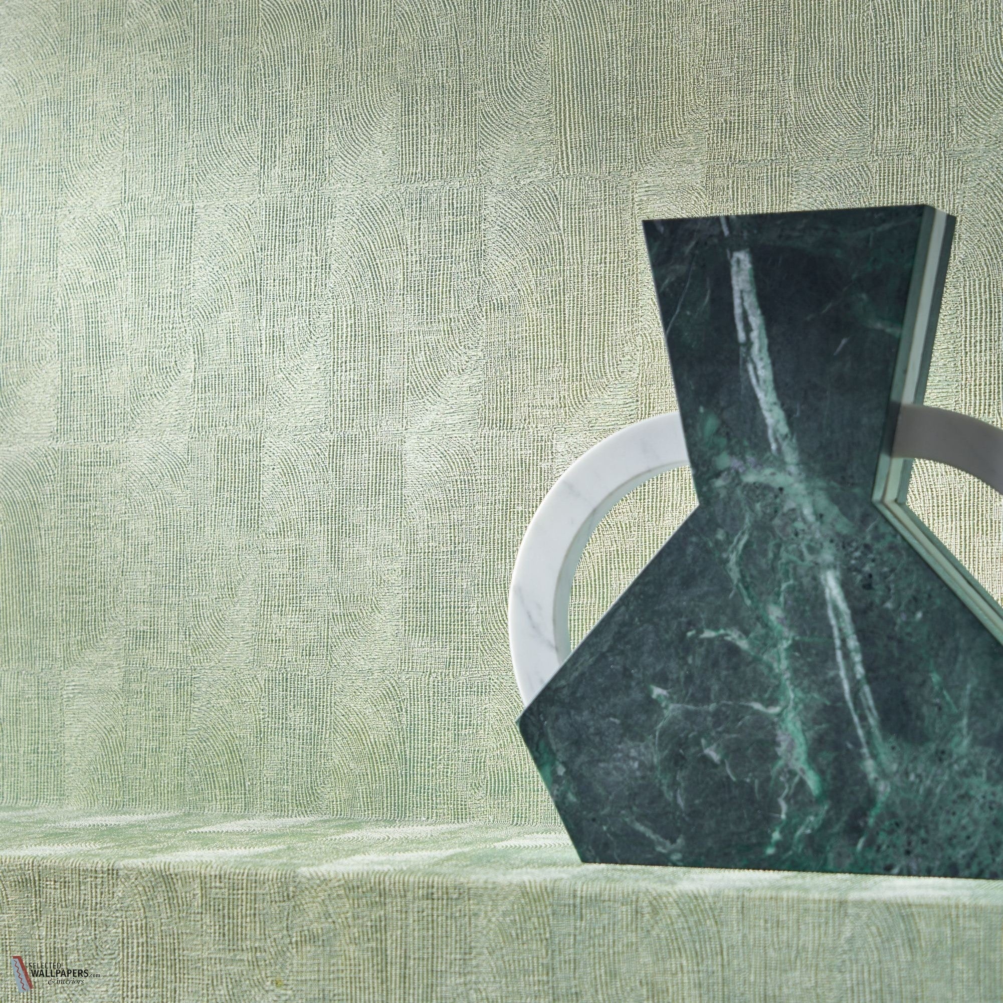Bizen wallpaper by Casamance in Green – Celadon, styled room shot