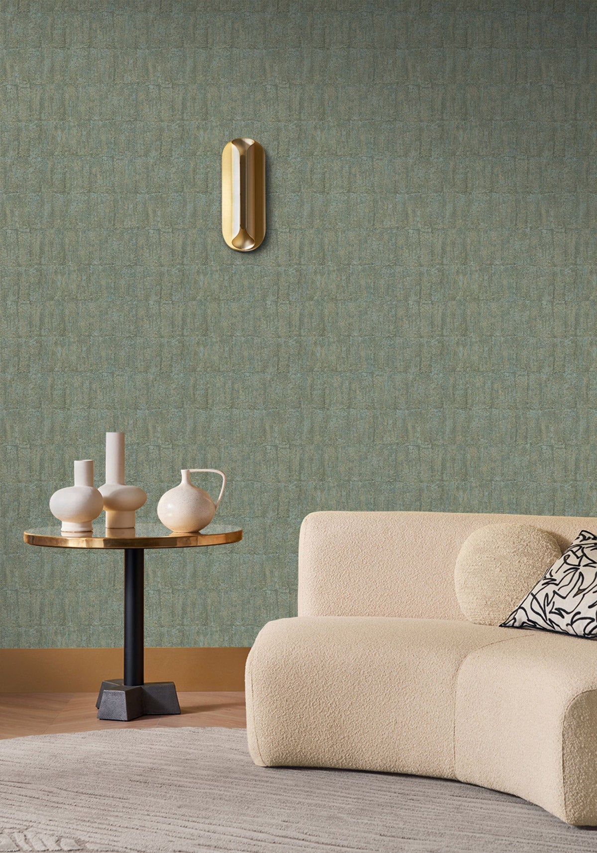 Bizen wallpaper by Casamance in Green – Lichen, styled room shot