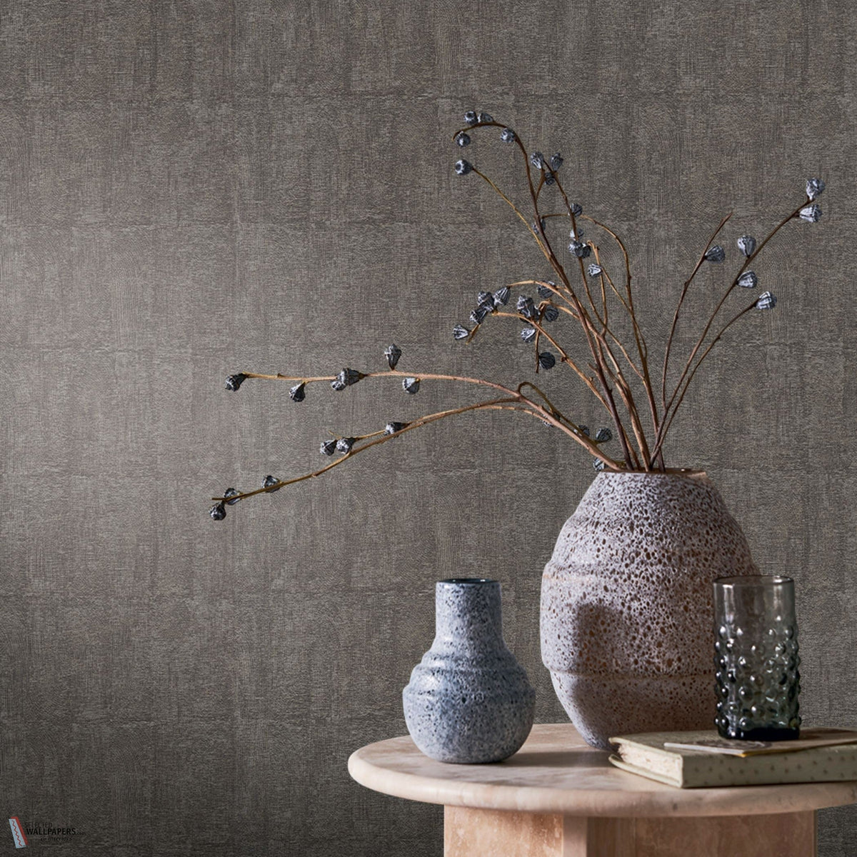 Bizen wallpaper by Casamance in Grey – Charcoal, styled room shot