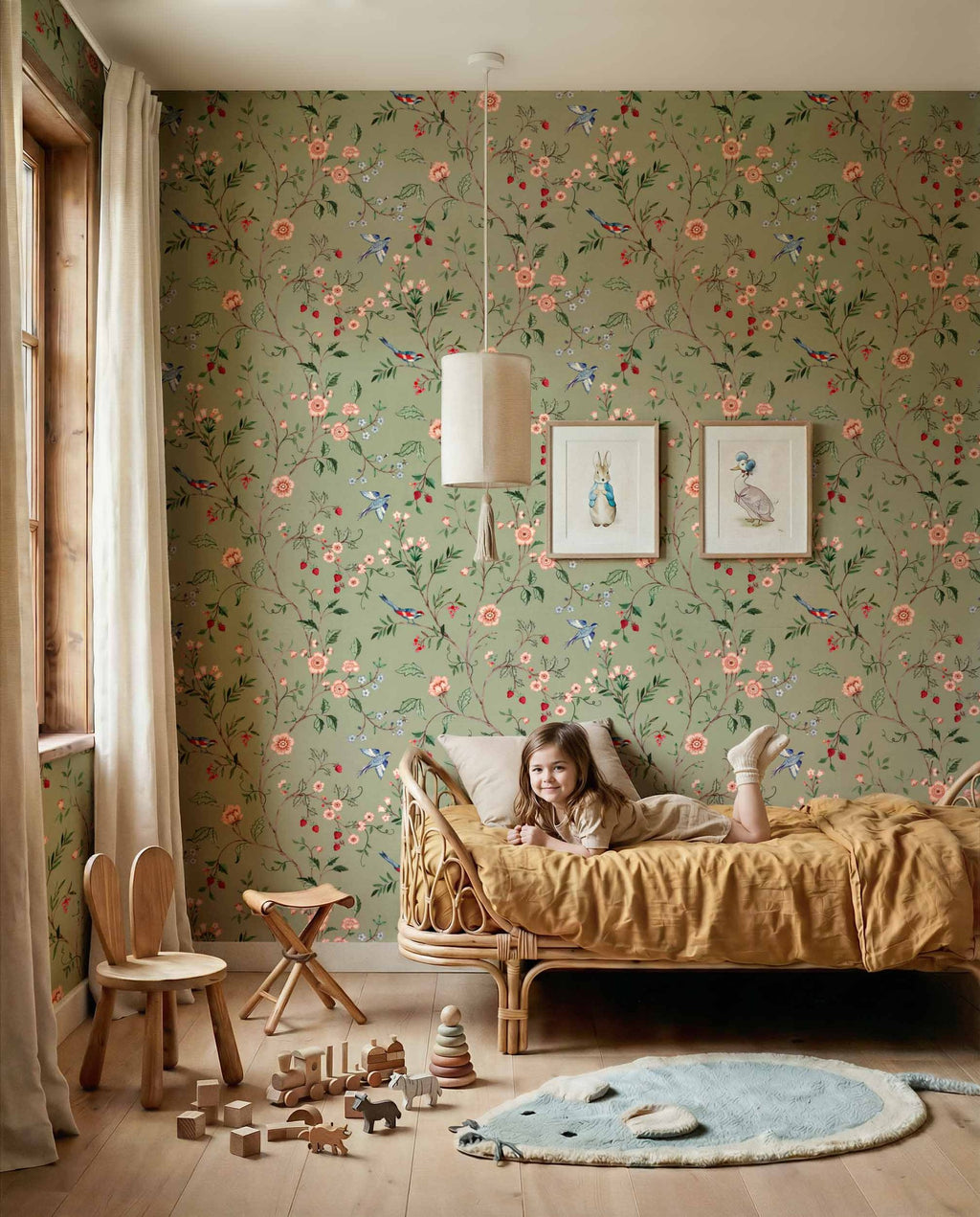 Bucolic wallpaper by Coordonné in Green, styled room