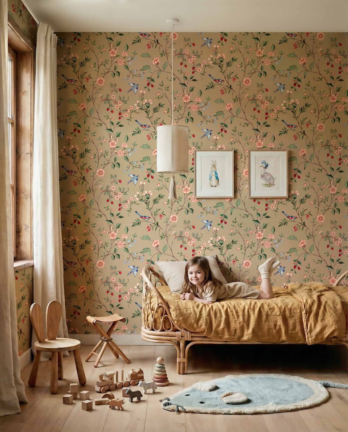 Bucolic wallpaper by Coordonné in Beige, styled room