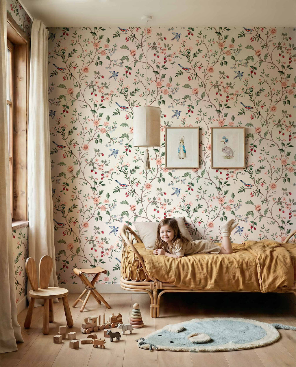 Bucolic wallpaper by Coordonné in White, styled room