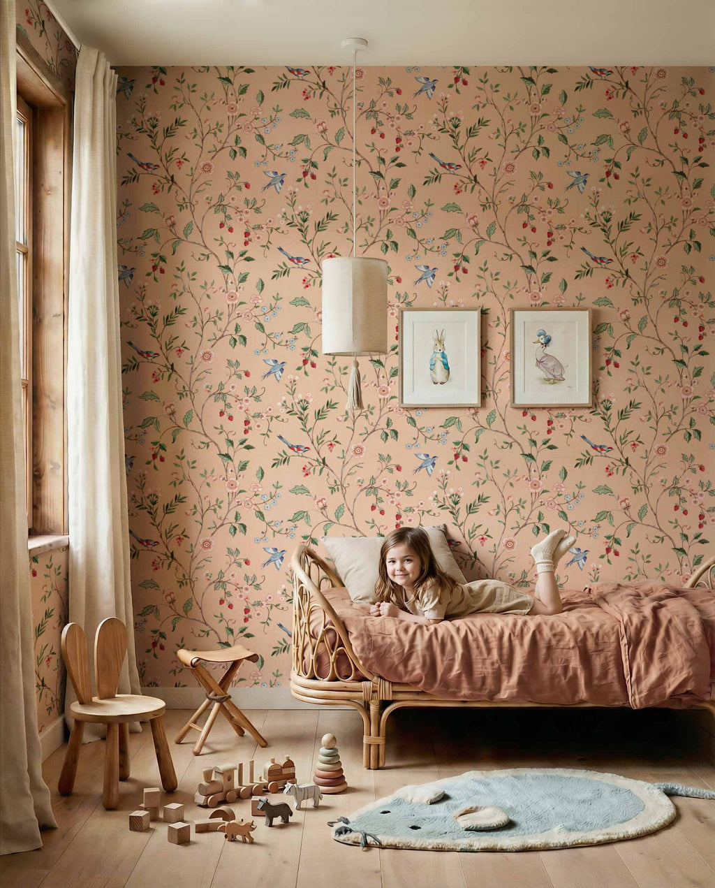 Bucolic wallpaper by Coordonné in Pink, styled room
