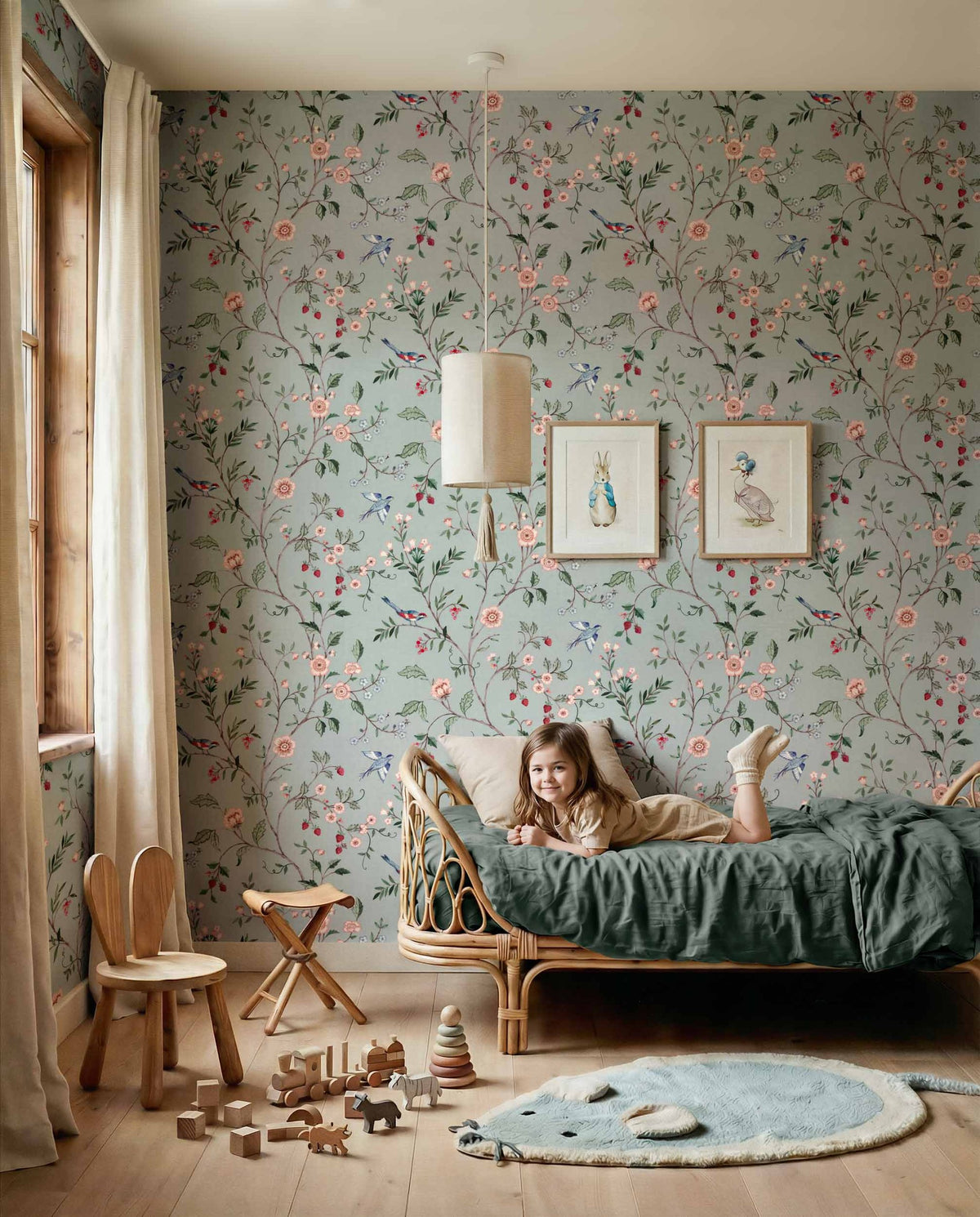 Bucolic wallpaper by Coordonné in Blue, styled room