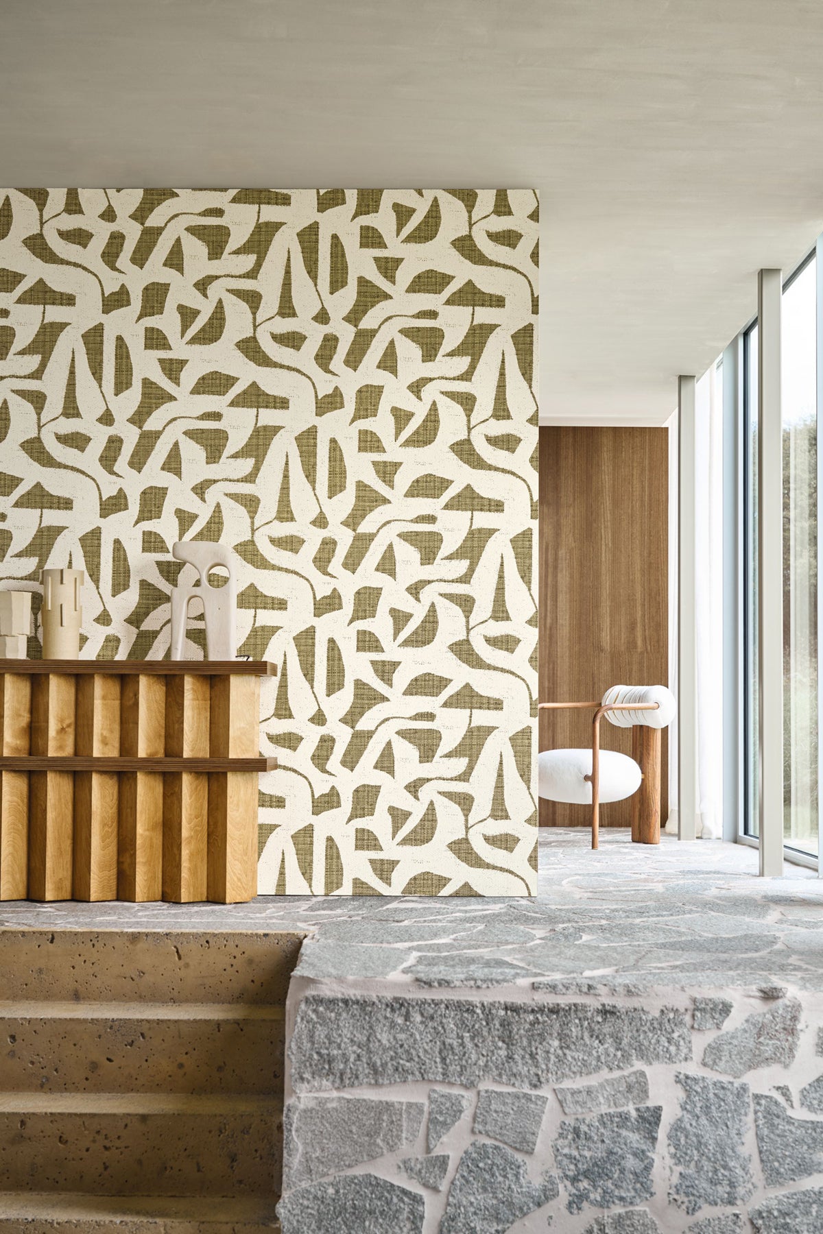 Cana wallpaper by Casamance in Green – Khaki, styled room shot