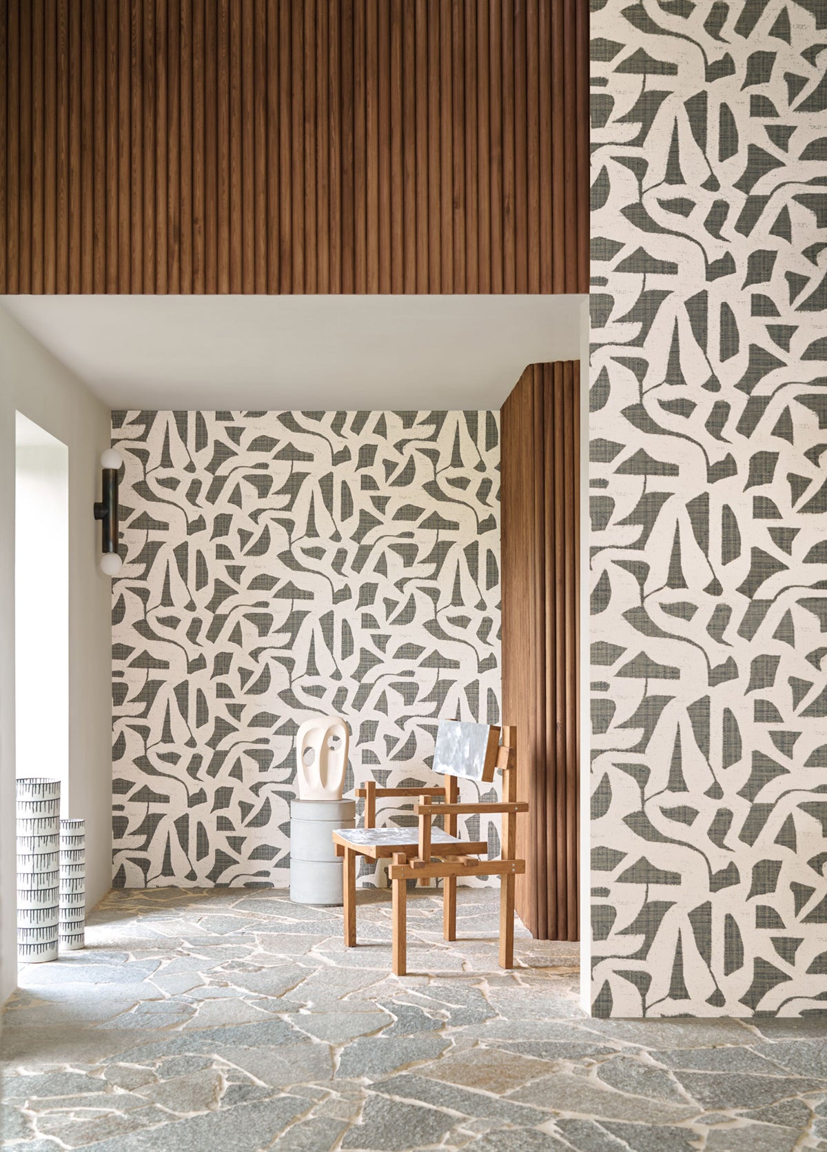 Cana wallpaper by Casamance in Grey – Charcoal, styled room shot