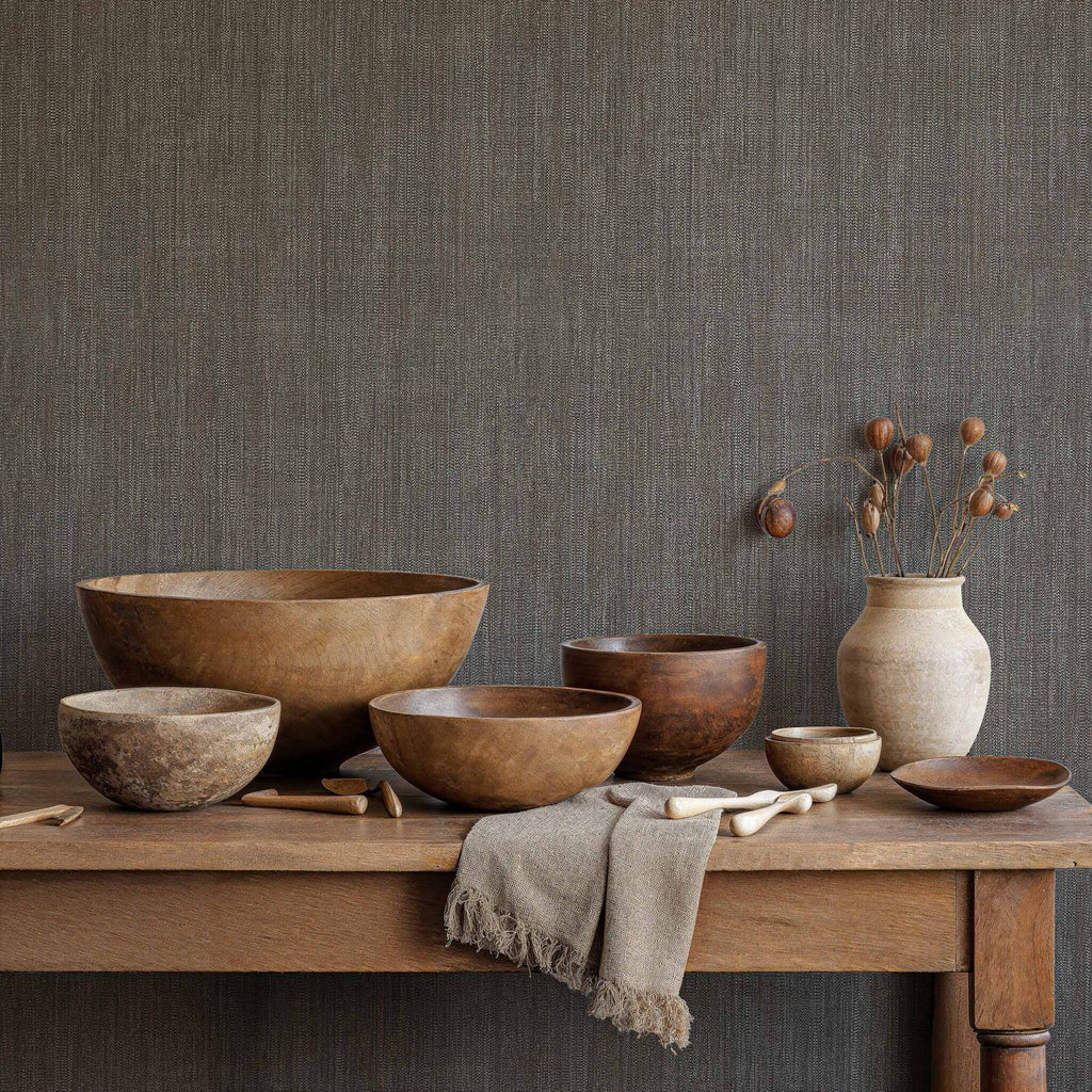 Cáñamo wallpaper by Coordonné in Charcoal, styled room