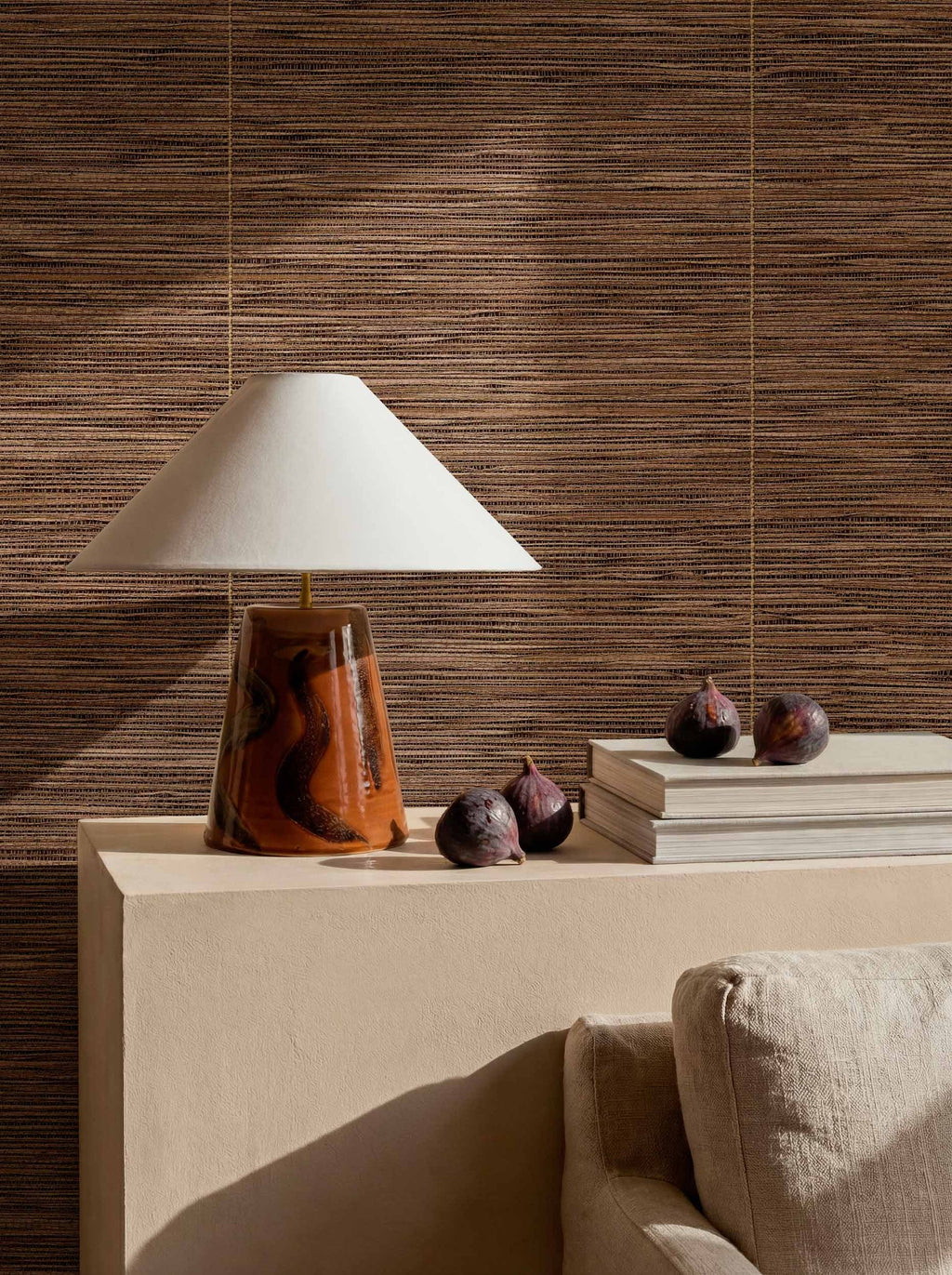Cañizo wallpaper by Coordonné in Brown, styled room