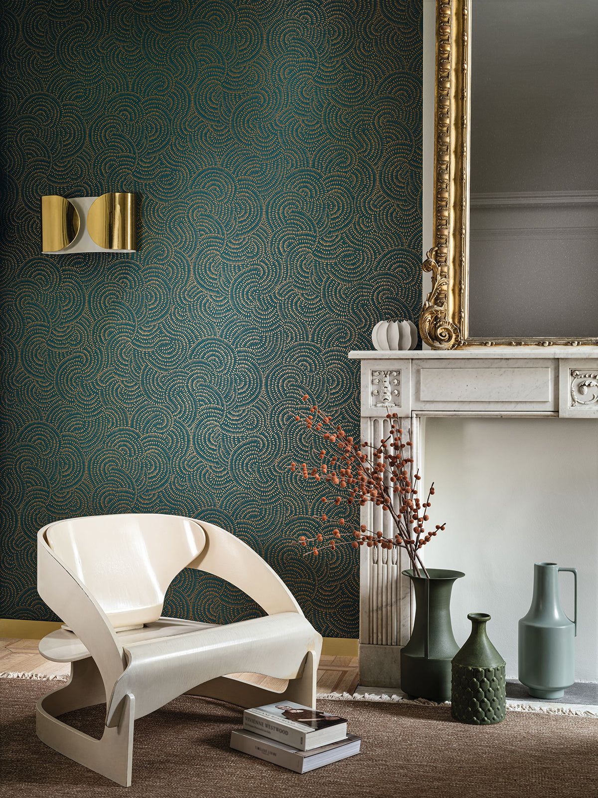 Cascade wallpaper by Casamance in Brown – Jasper, styled room shot