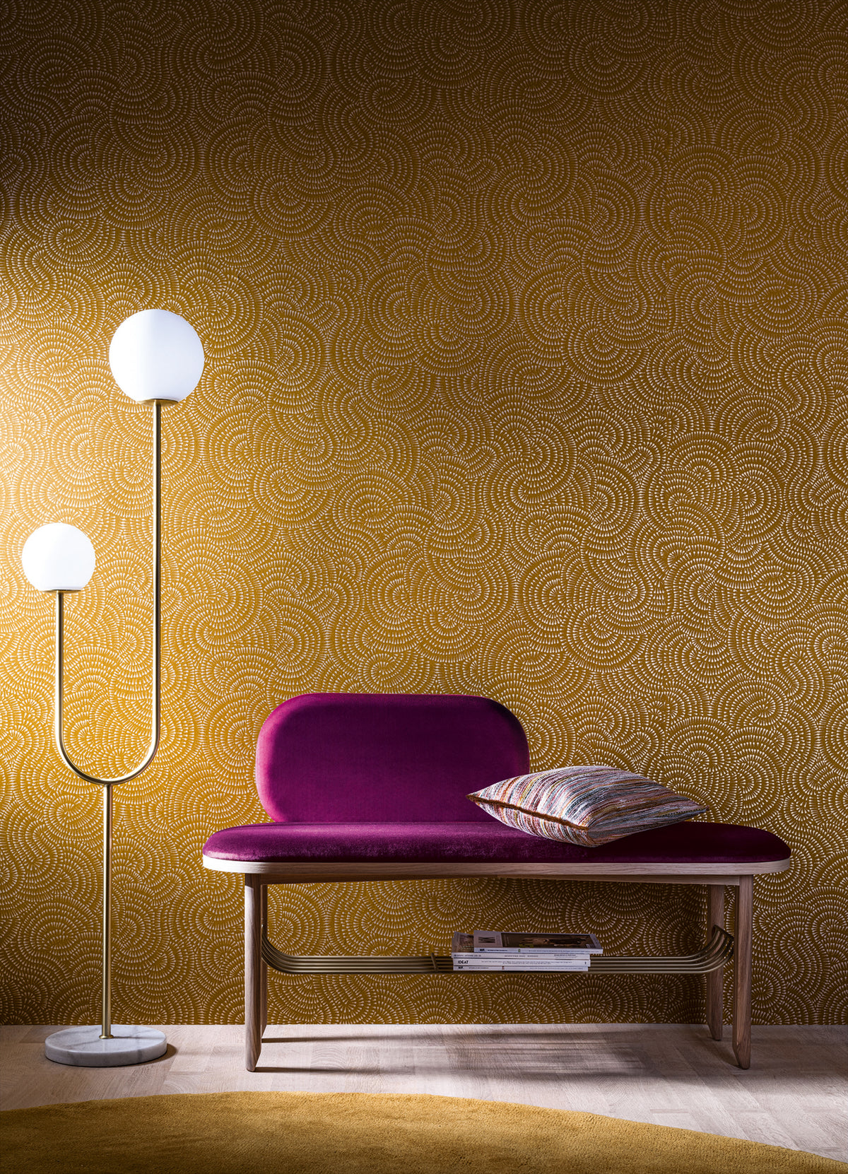 Cascade wallpaper by Casamance in Yellow – Mustard, styled room shot