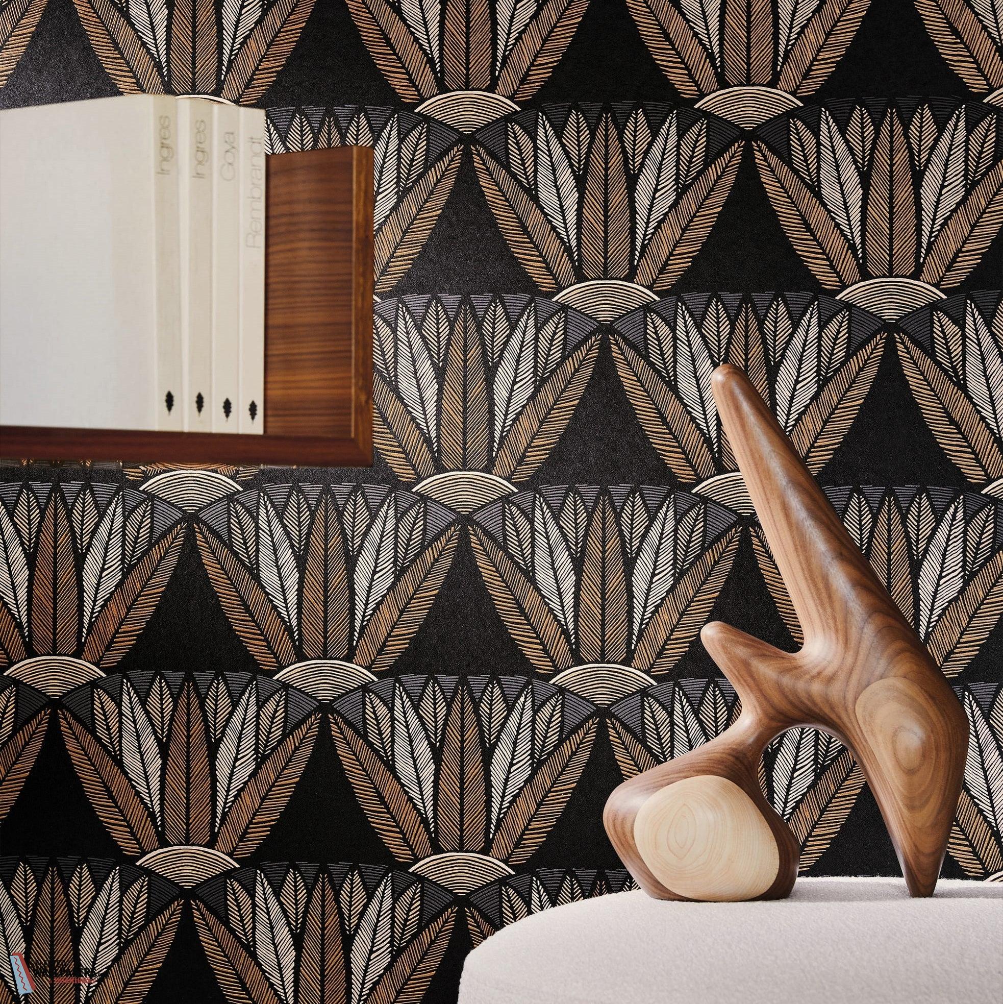 Castalia wallpaper by Casamance in Black – Bronze, styled room shot