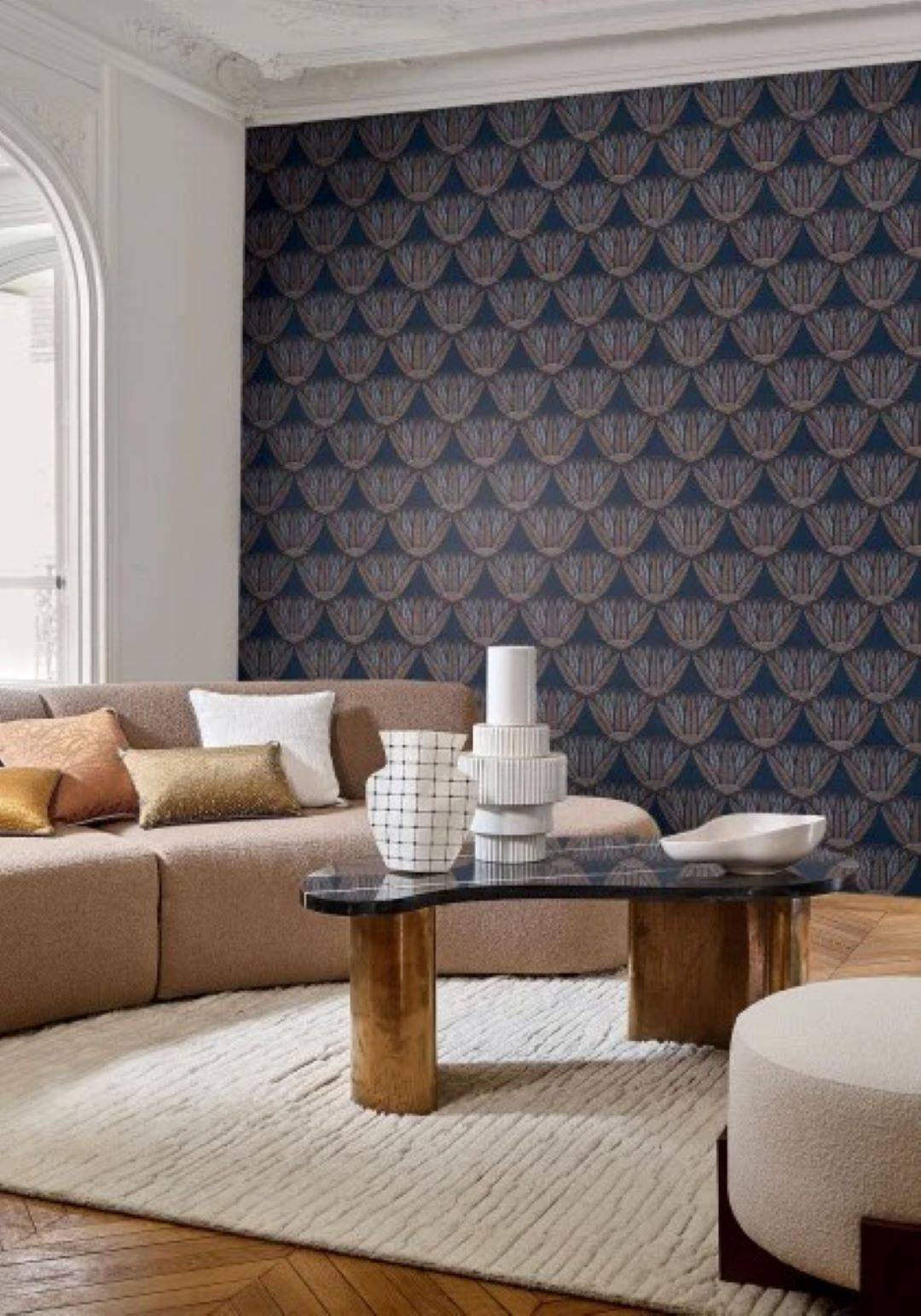 Castalia wallpaper by Casamance in Blue – Navy & Terracotta, styled room shot