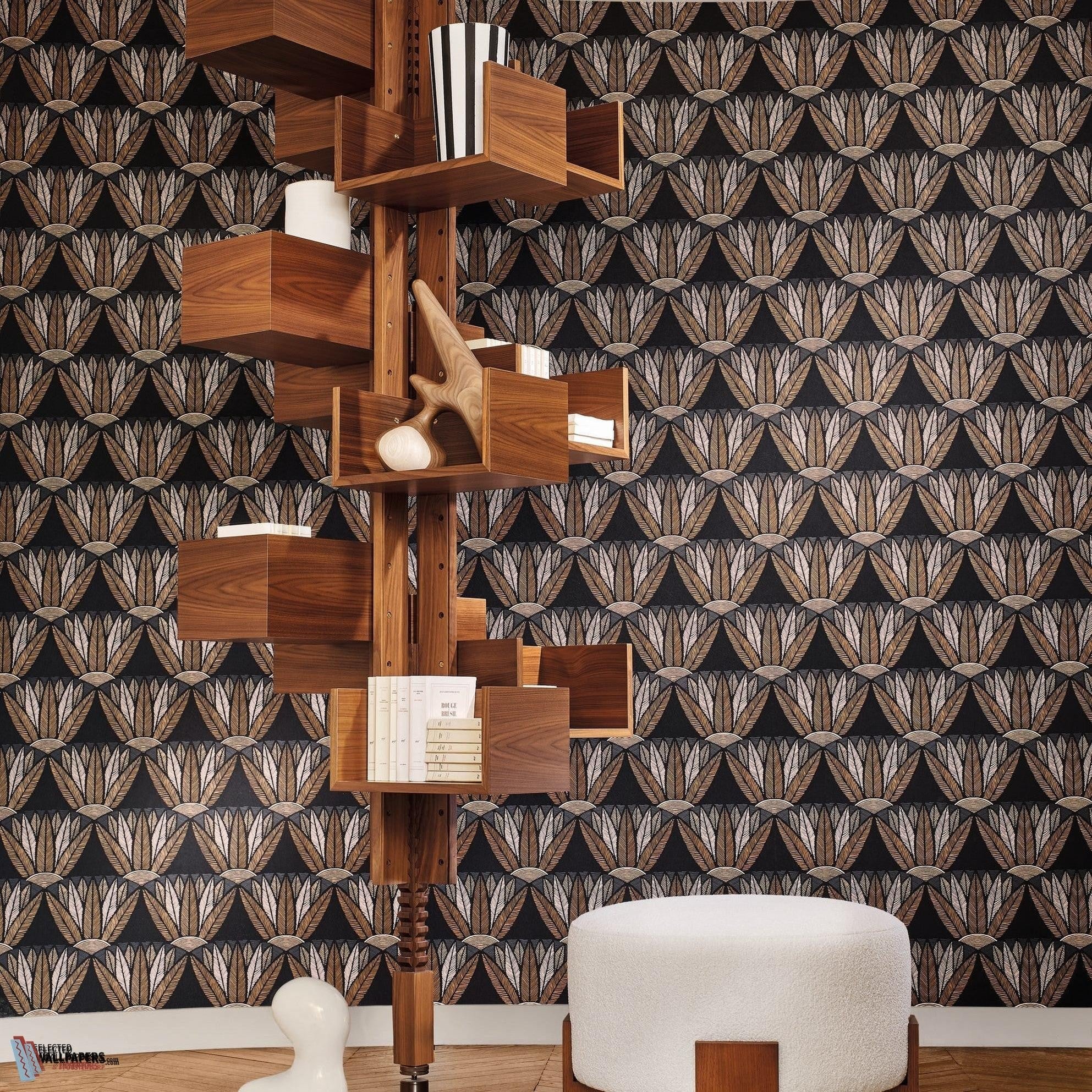Castalia wallpaper by Casamance in Brown – Bronze & Black, styled room shot