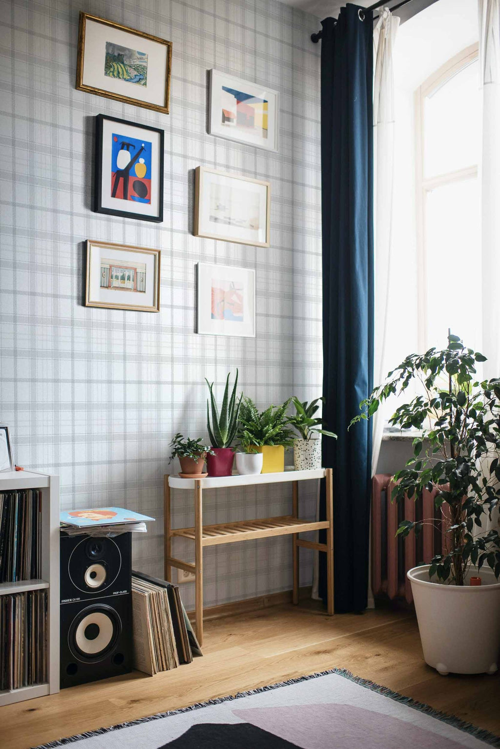 Check 11.5 wallpaper by Coordonné in Grey, styled room