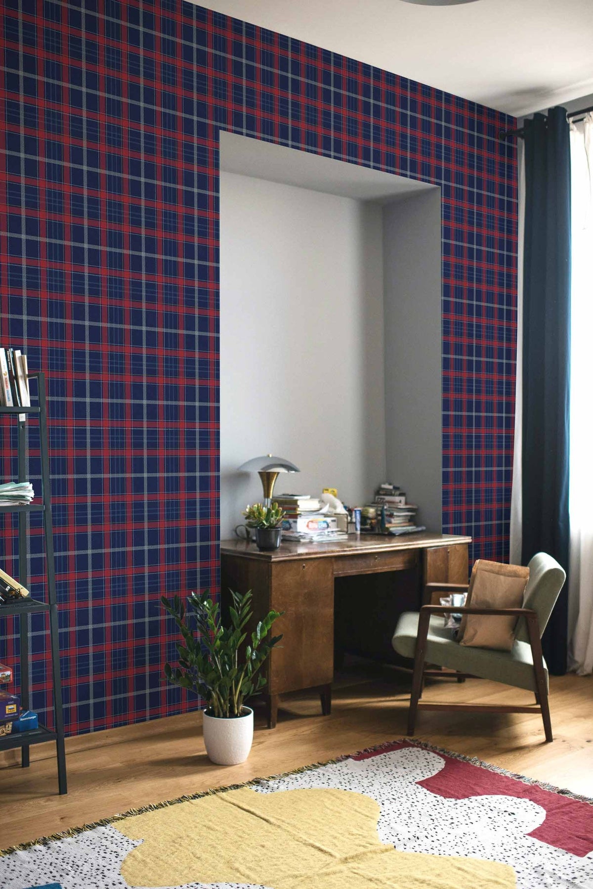 Check 11.5 wallpaper by Coordonné in Blue – Galaxy Plus, styled room