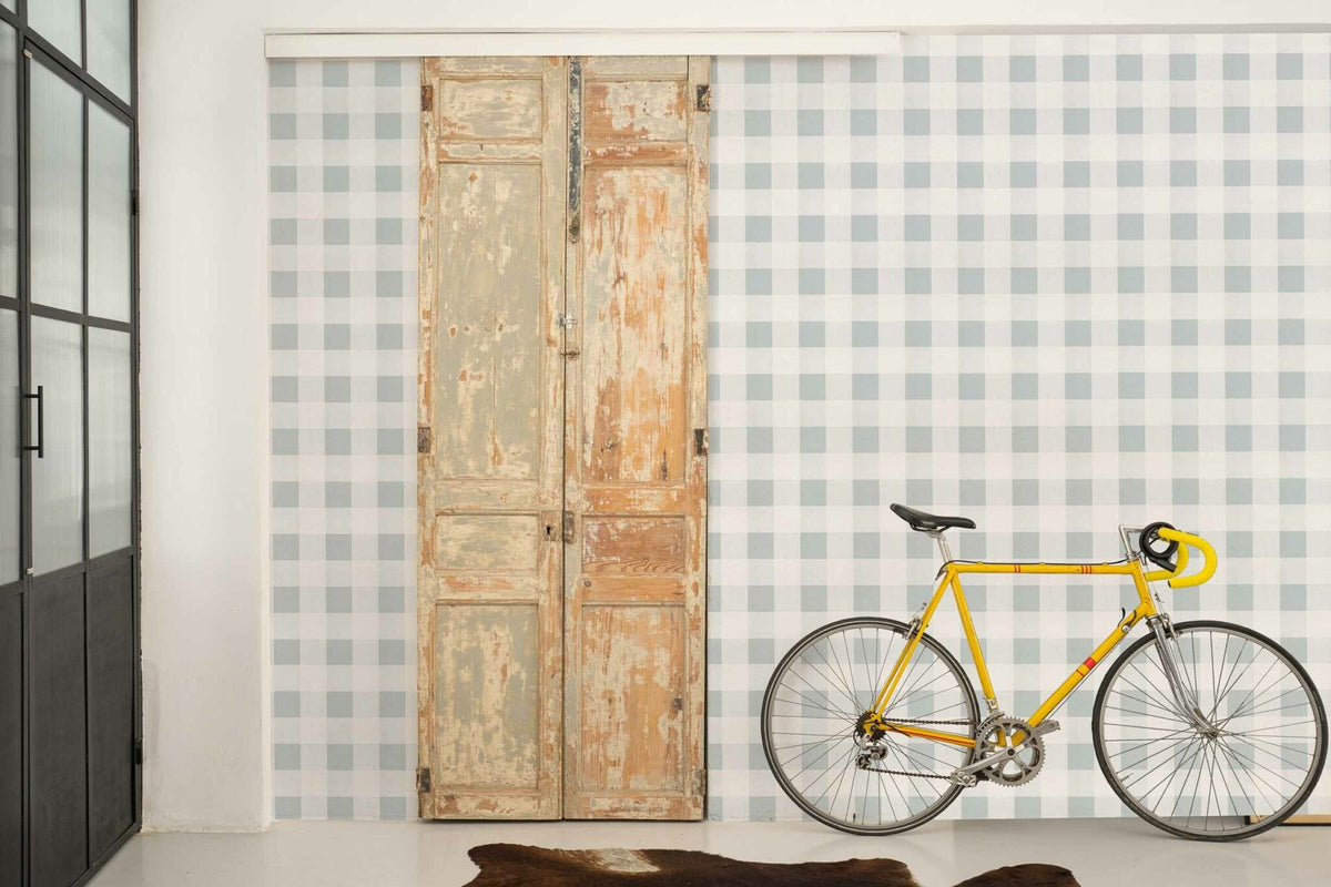 Check 8 wallpaper by Coordonné in Blue, styled room