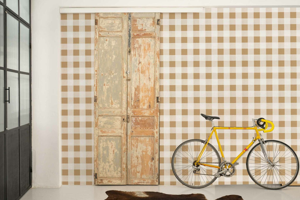 Check 8 wallpaper by Coordonné in Brown, styled room