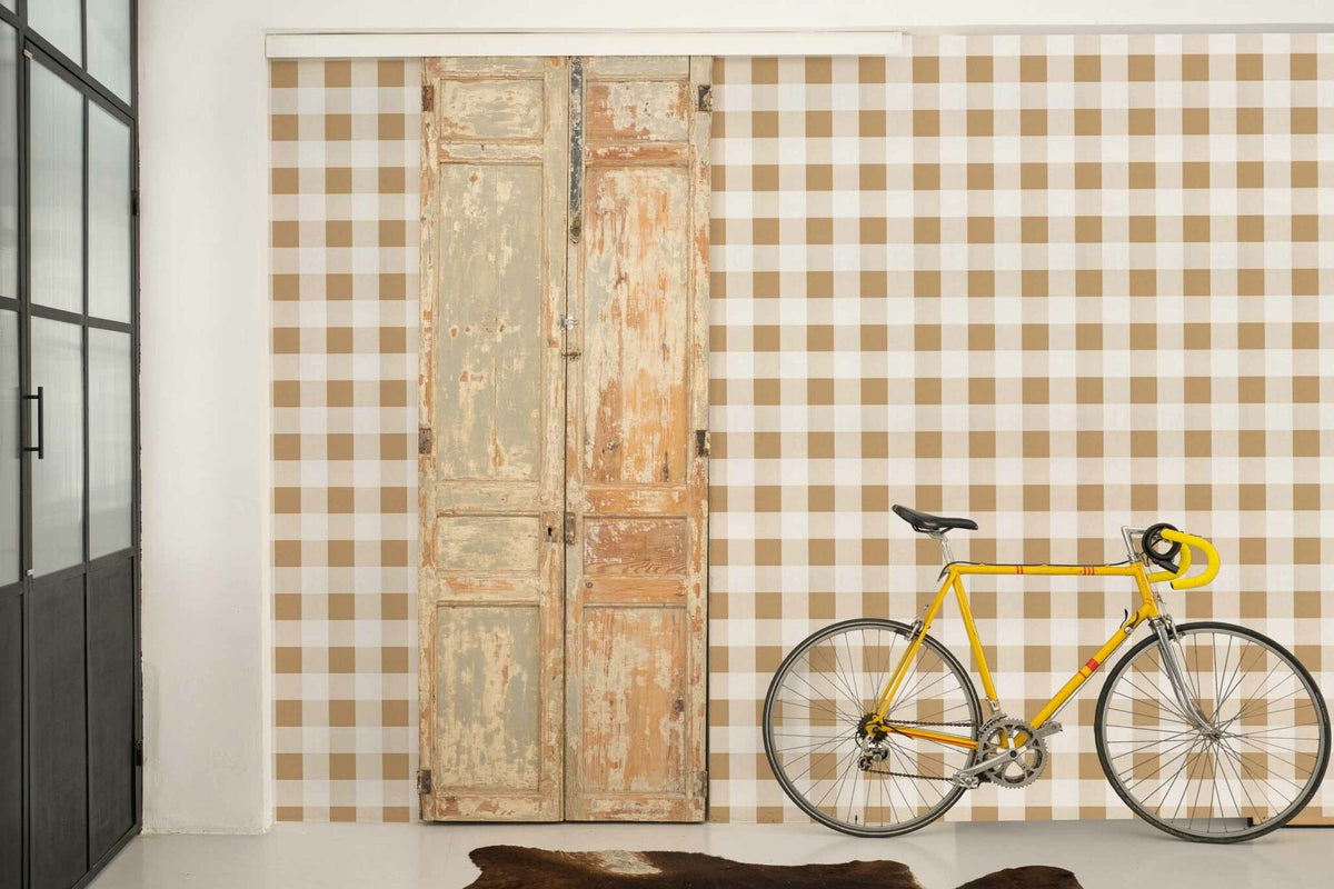 Check 8 wallpaper by Coordonné in Brown, styled room