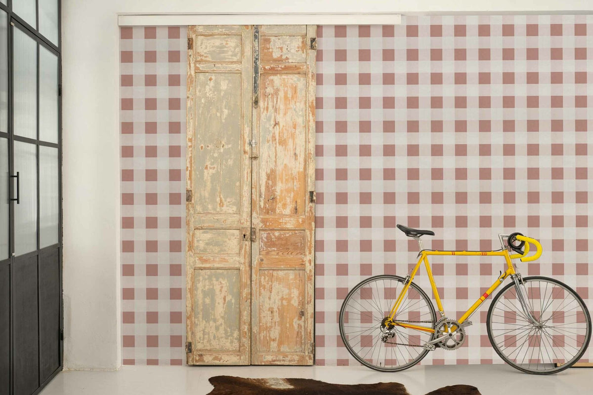 Check 8 wallpaper by Coordonné in Pink, styled room