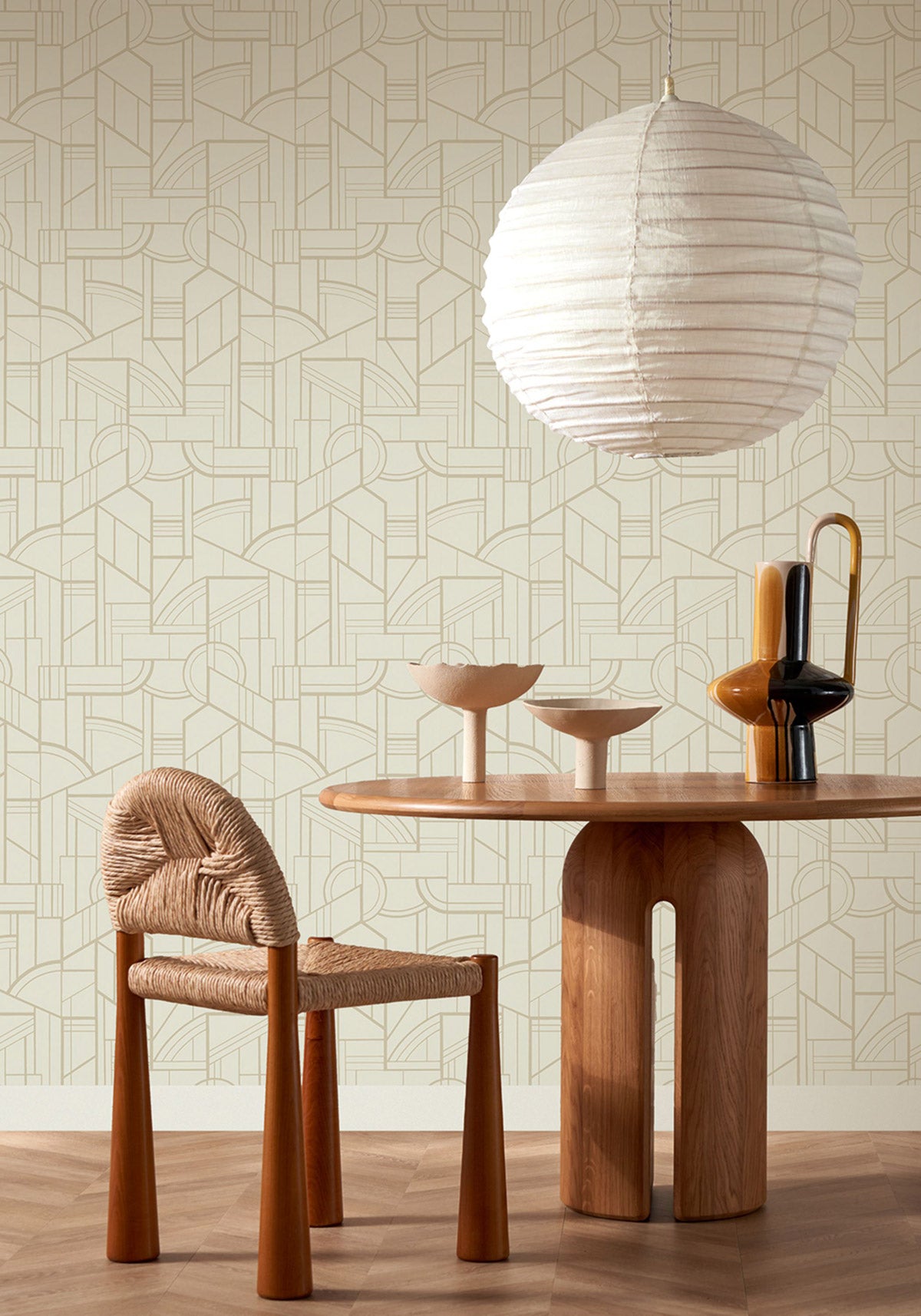 Cinétique wallpaper by Casamance in Beige – Sand & Gold, styled room shot