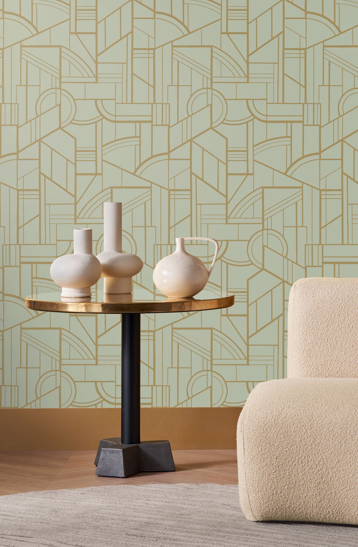 Cinétique wallpaper by Casamance in Green – Seafoam & Gold, styled room shot