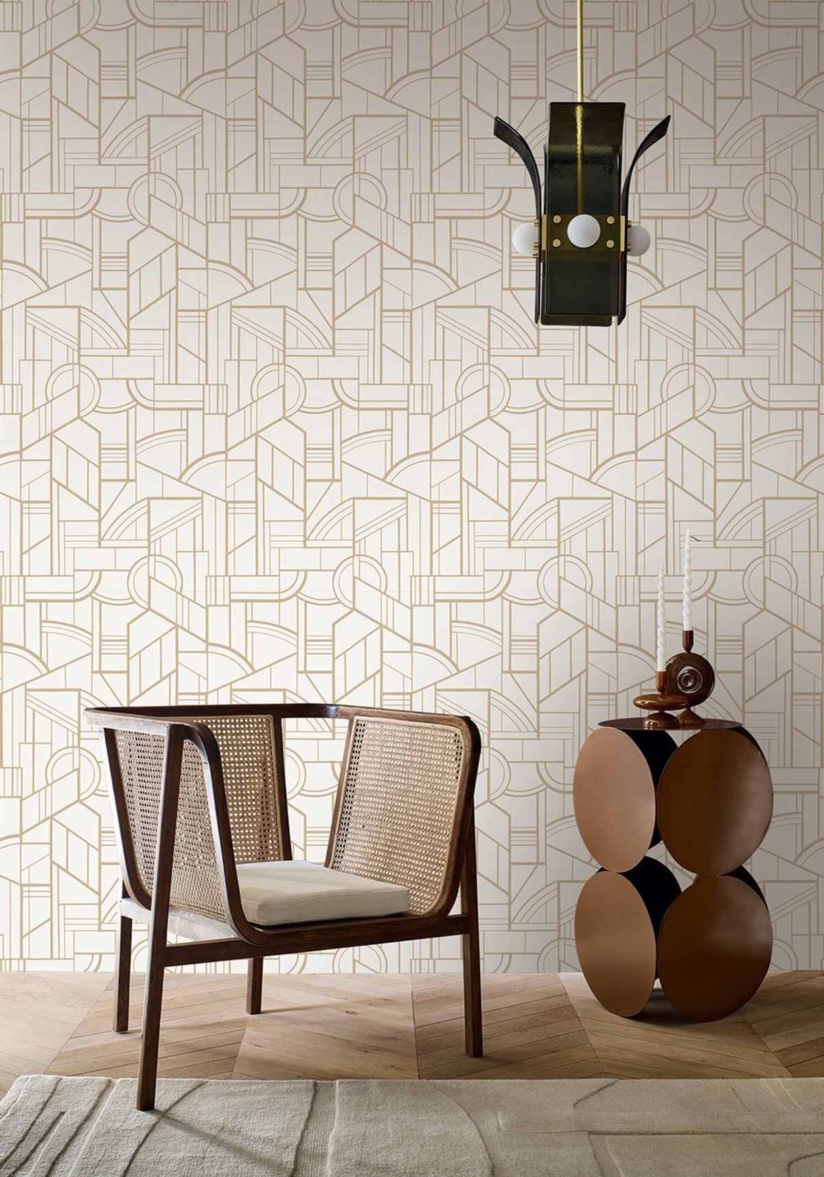 Cinétique wallpaper by Casamance in White – Gold, styled room shot