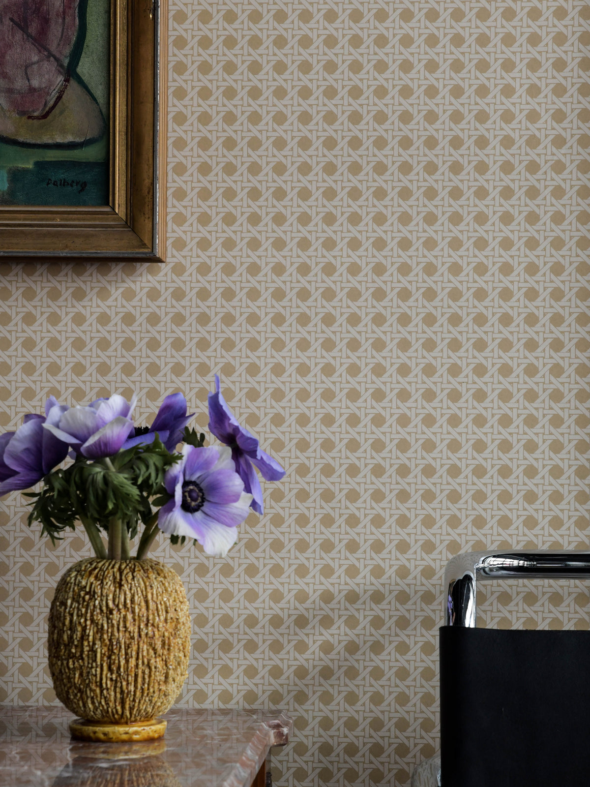 Classic Rattan wallpaper by Långelid/von Brömssen in Gold, styled room shot