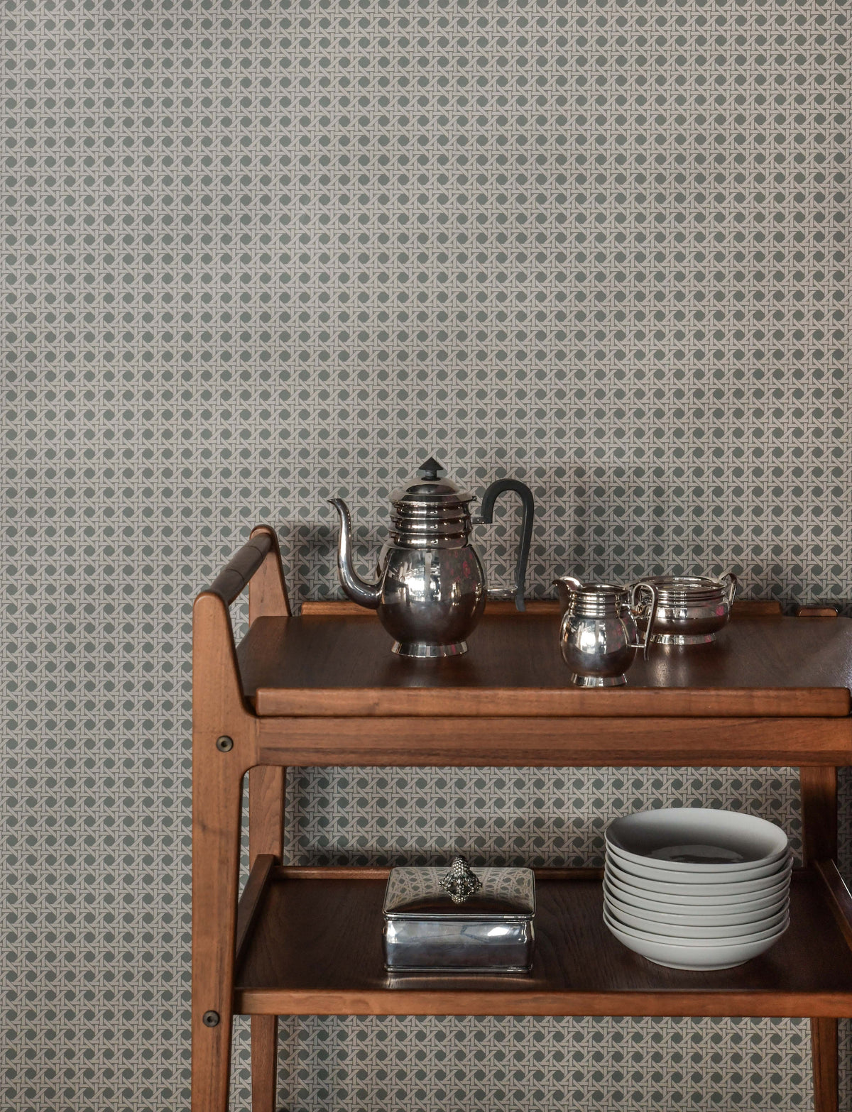 Classic Rattan wallpaper by Långelid/von Brömssen in Green, styled room shot 2