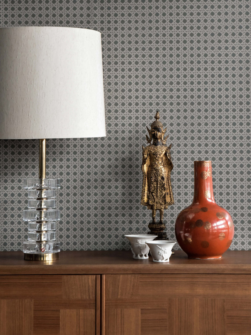 Classic Rattan wallpaper by Långelid/von Brömssen in Green, styled room shot