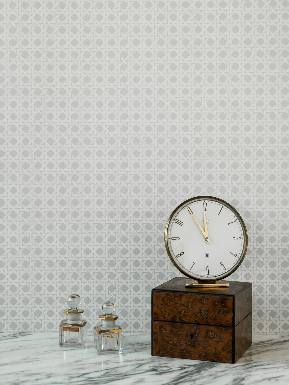 Classic Rattan wallpaper by Långelid/von Brömssen in Grey, styled room shot