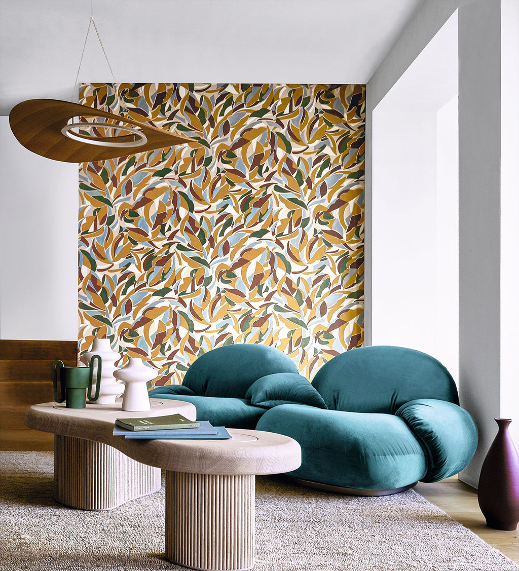 Collage wallpaper by Casamance in Beige – Greige & Mustard, styled room shot