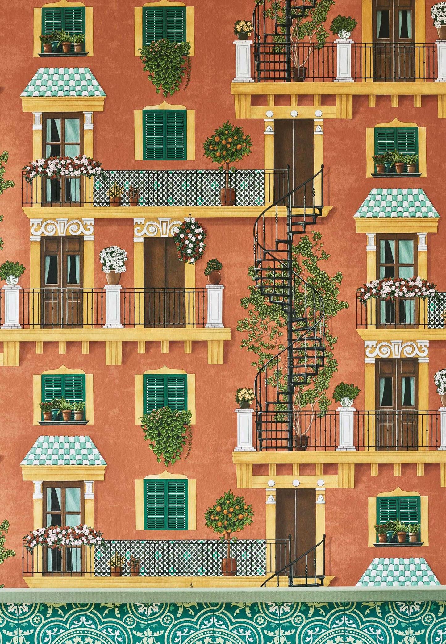 Alfaro - Ochre & Green on Terracotta - Wallpaper Trader