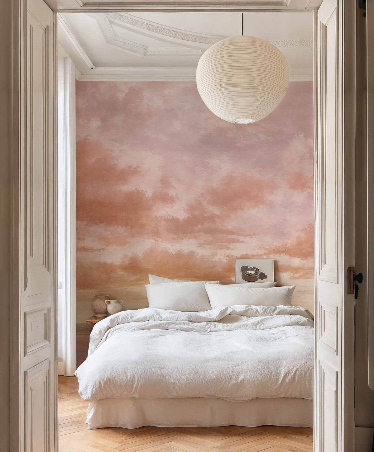 Cumulus Clouds wall mural by Coordonné in Pink, styled room