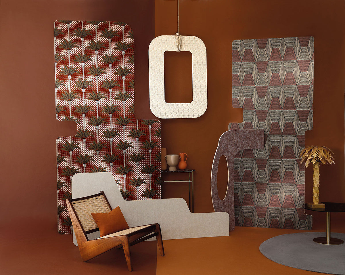 Daia wallpaper by Casamance in Black – Terracotta, styled room shot