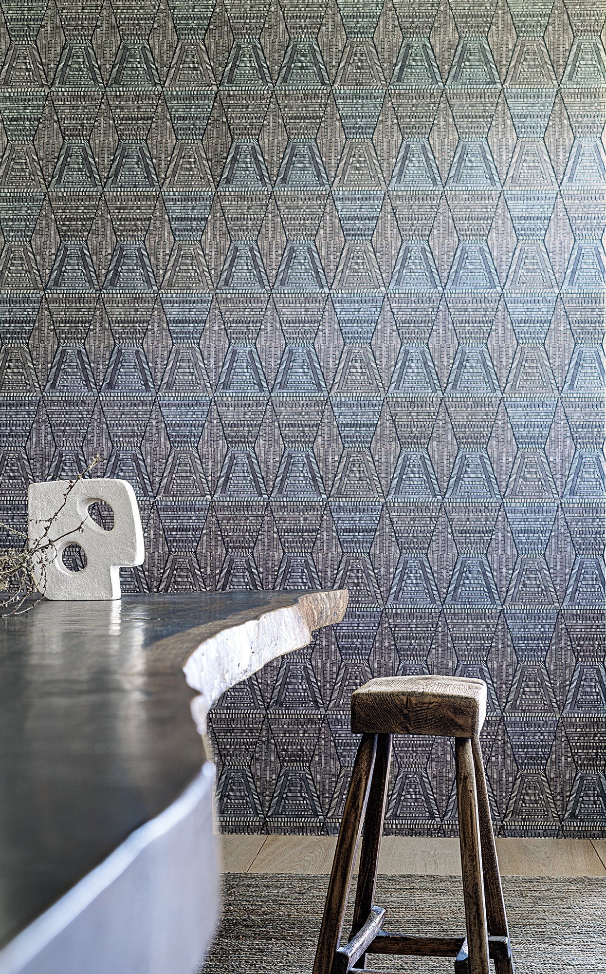 Daia wallpaper by Casamance in Blue – Navy, styled room shot