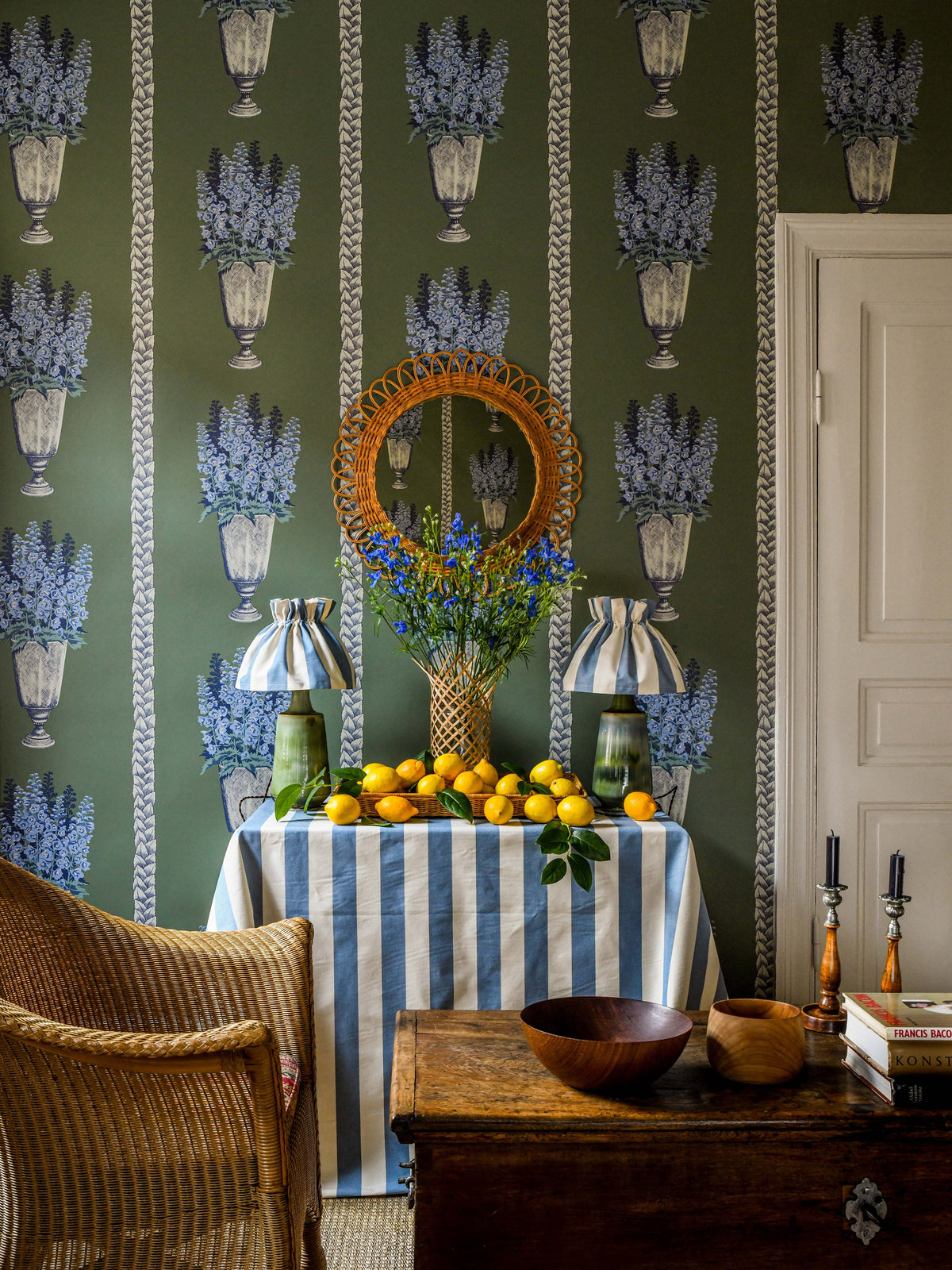 Delphinium wallpaper by Långelid/von Brömssen in Green, styled room shot 2