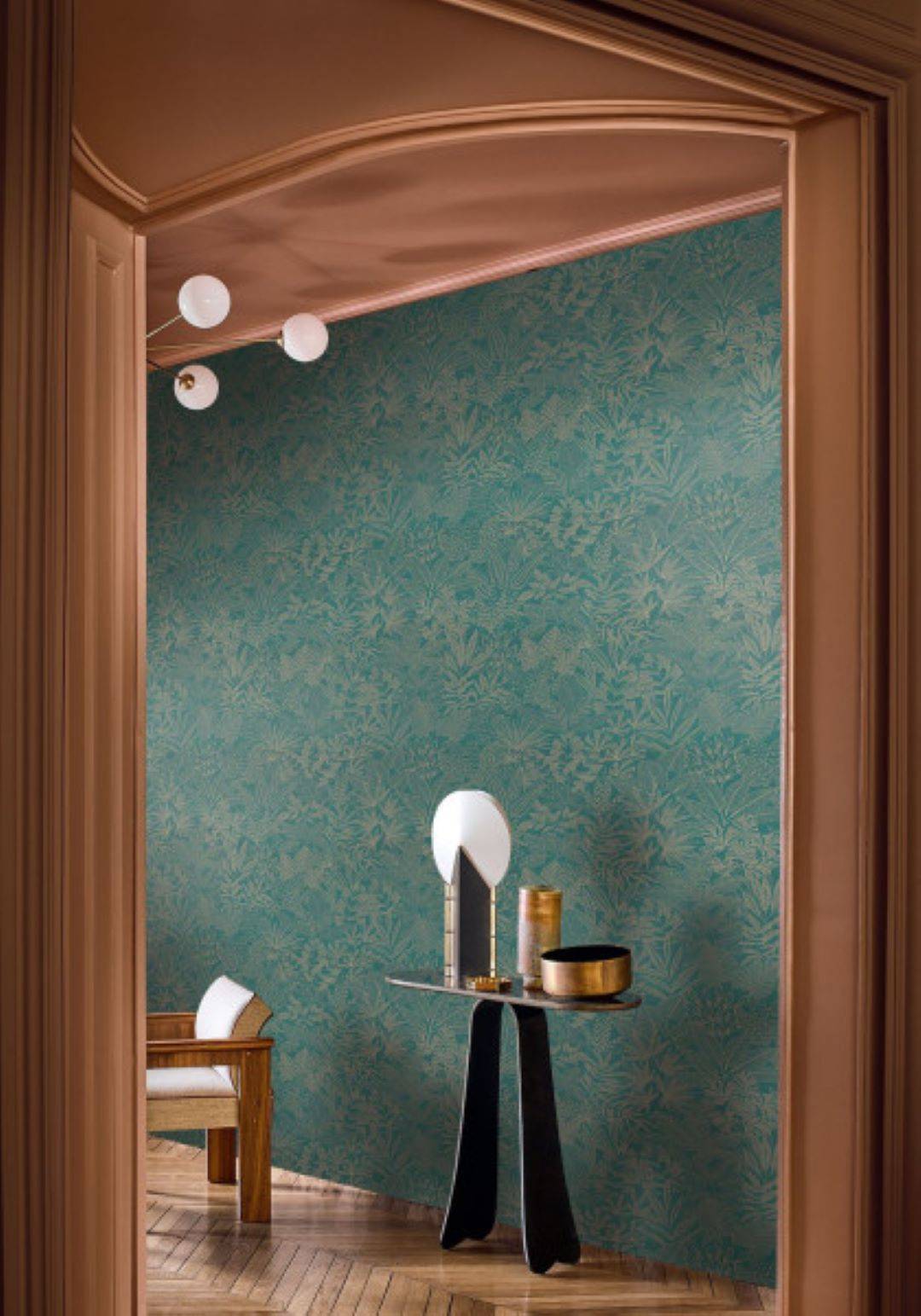 Doum wallpaper by Casamance in Green – Emerald & Gold, styled room shot