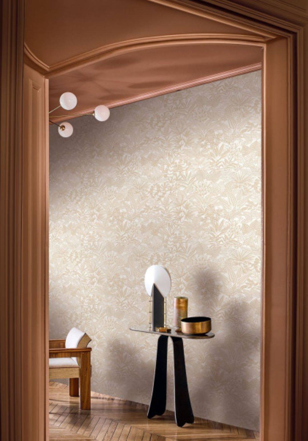 Doum wallpaper by Casamance in White – Gold, styled room shot