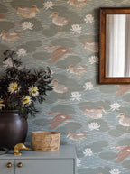 Duck Pond wallpaper by Långelid/von Brömssen in Teal, styled room shot 2