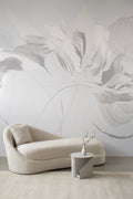 Aurora wallpaper by Emma Hayes in dawn, oversized painterly bloom in soft cream tones above a curved chaise
