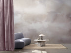 Dispersion wallpaper by Emma Hayes in Champagne Metallic styled in a wide lounge — hero lifestyle shot