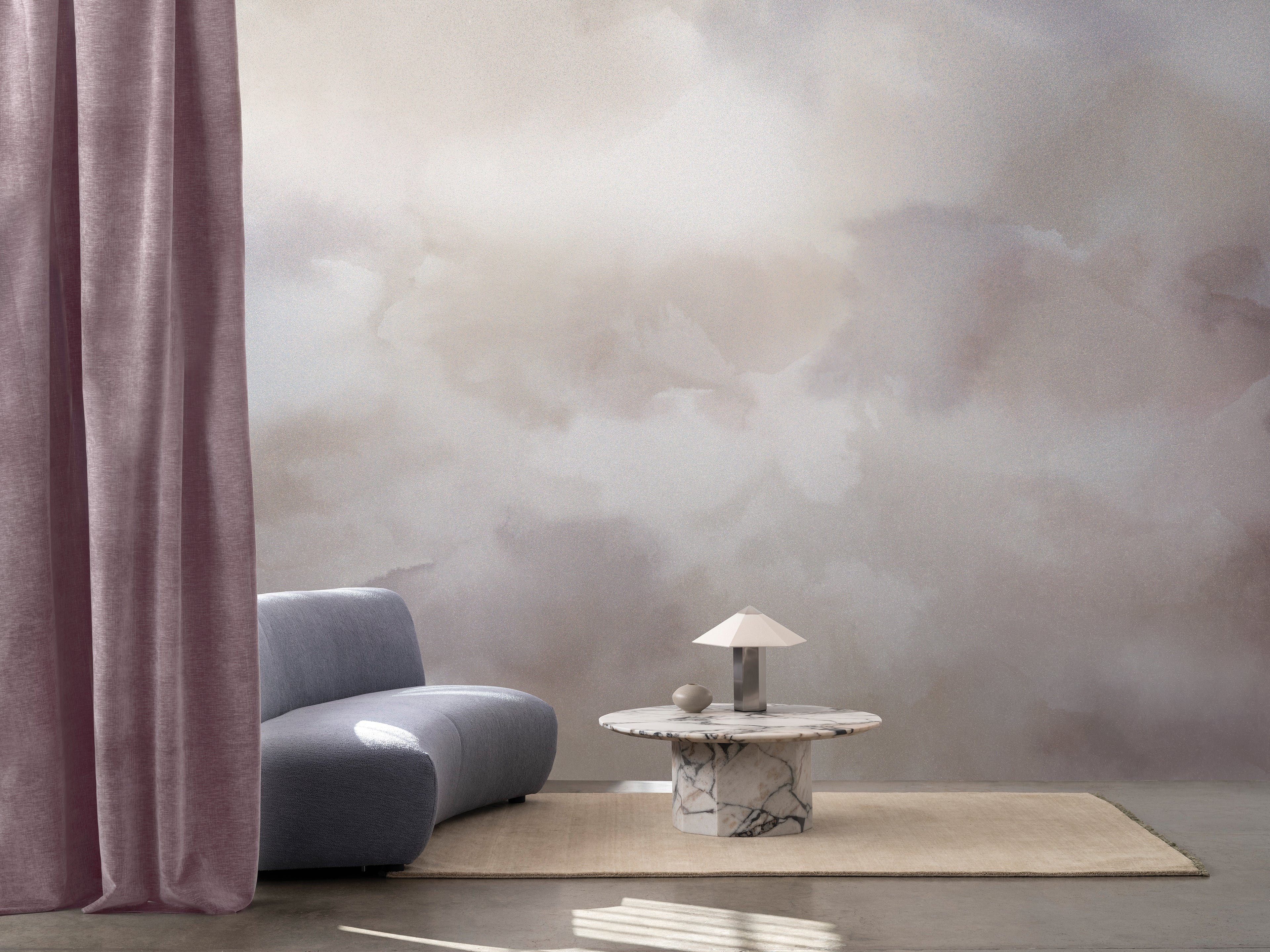 Dispersion wallpaper by Emma Hayes in Champagne Metallic styled in a wide lounge — hero lifestyle shot
