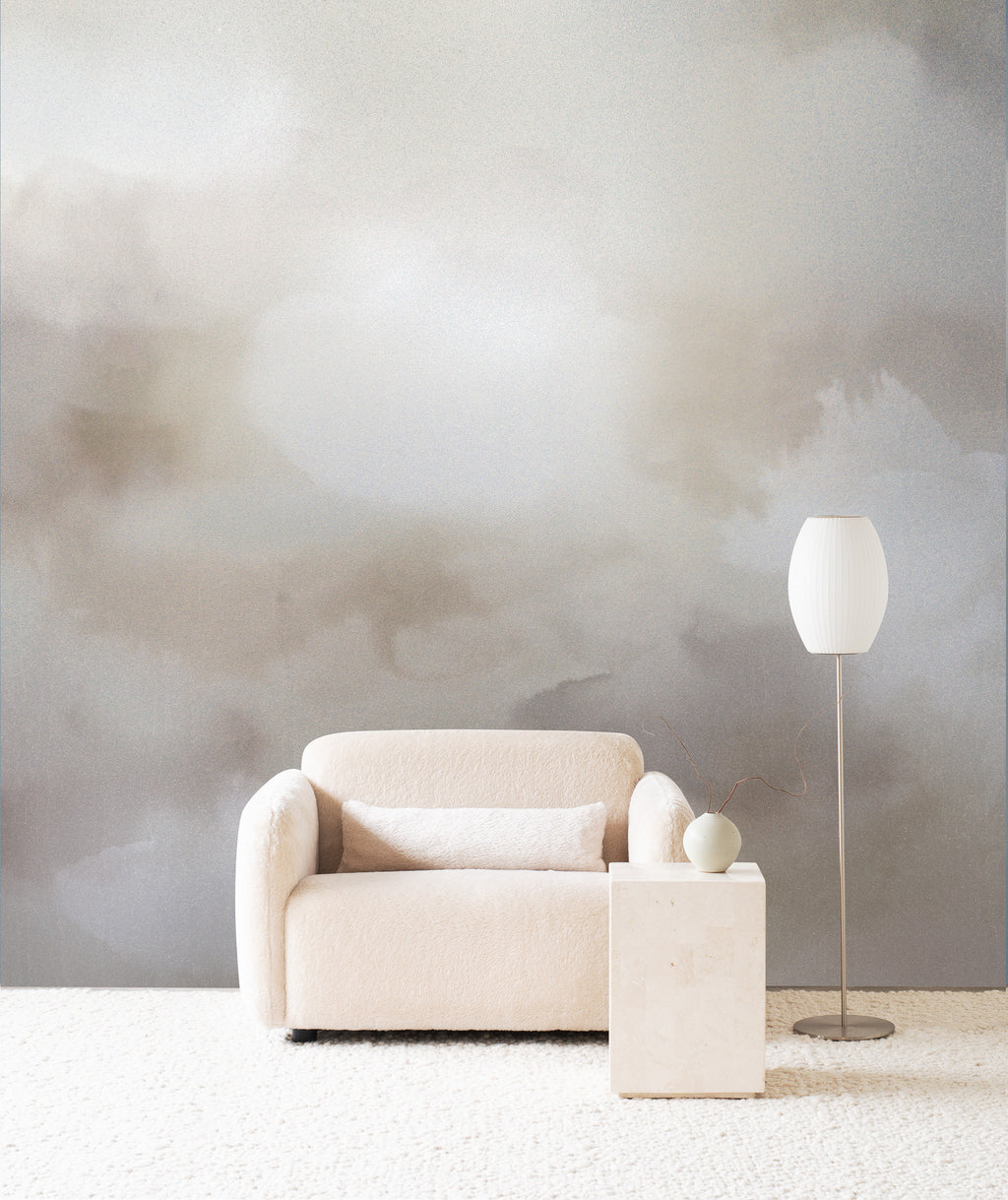 Dispersion wall mural by Emma Hayes in Champagne Metallic, shimmering pale gold clouds on a metallic ground