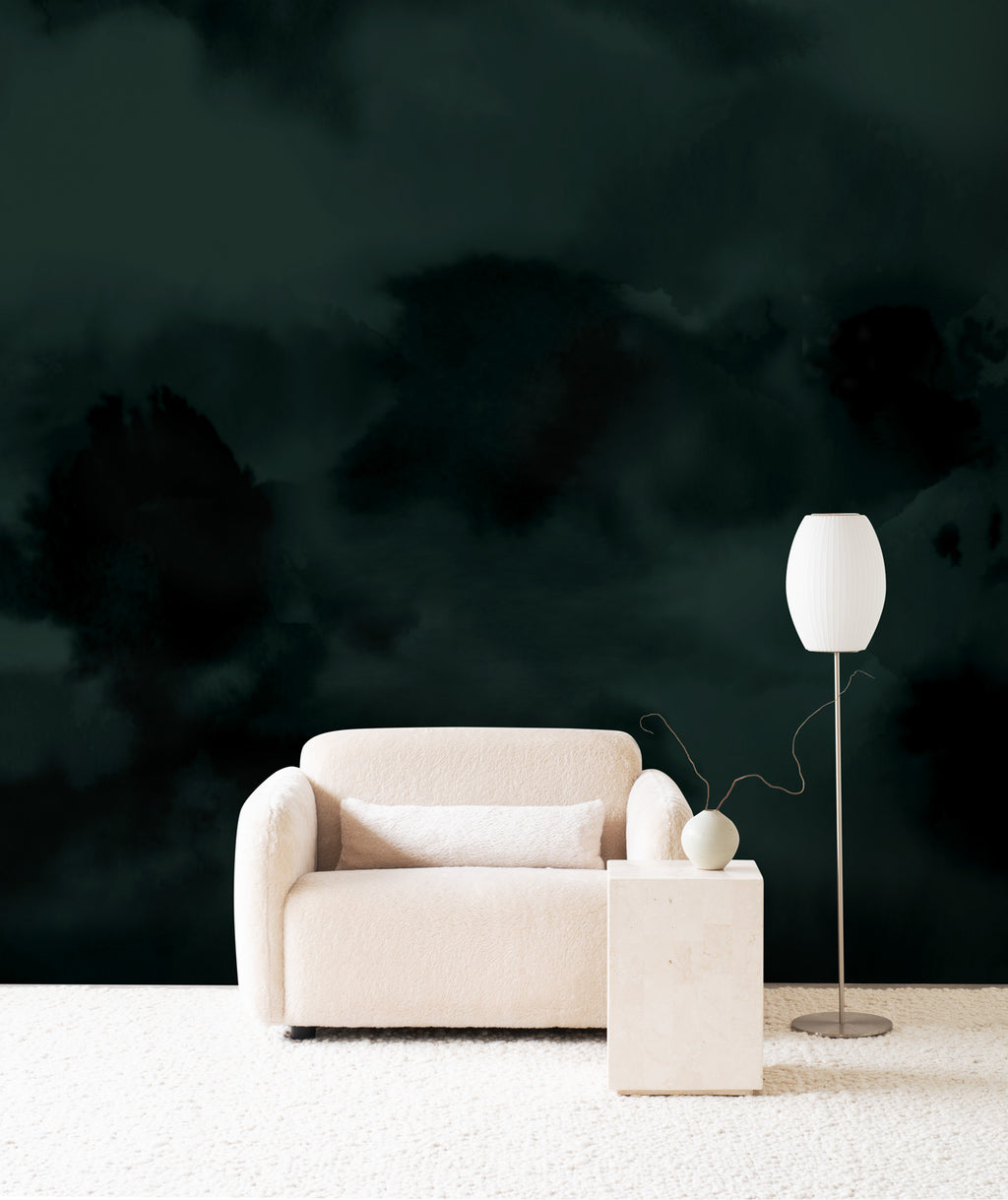 Dispersion wall mural by Emma Hayes in Seagreen, deep ink-green watercolour clouds creating a moody feature wall