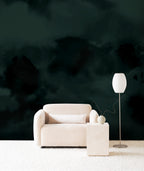 Dispersion wall mural by Emma Hayes in Seagreen, deep ink-green watercolour clouds creating a moody feature wall