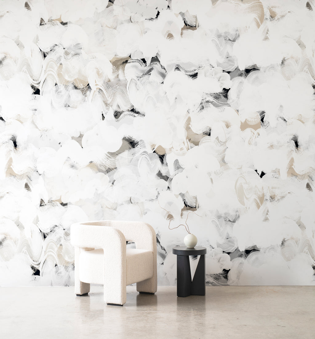 Dreamer wallpaper by Emma Hayes in Jet, dramatic white brushstrokes over a black ground with beige accents