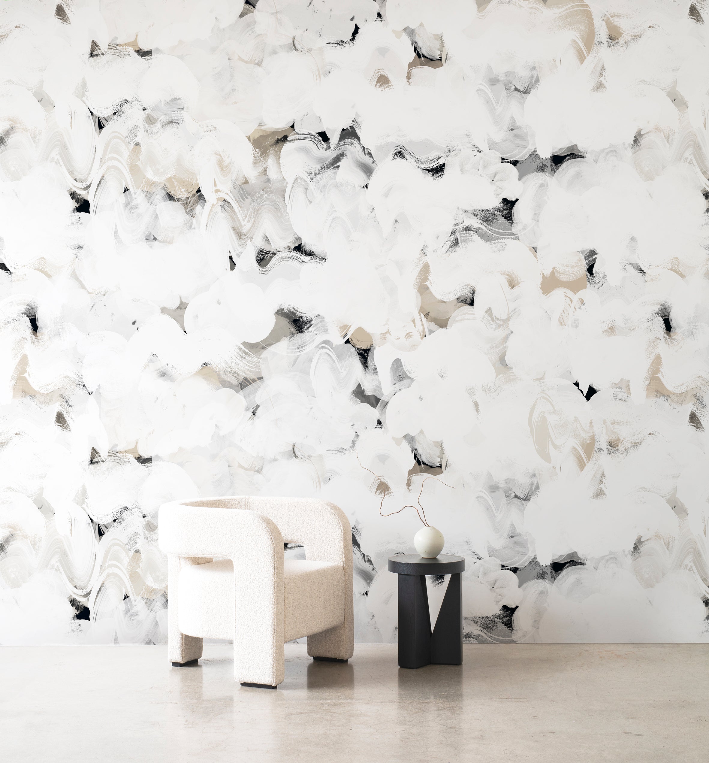 Dreamer wallpaper by Emma Hayes in Jet, dramatic white brushstrokes over a black ground with beige accents