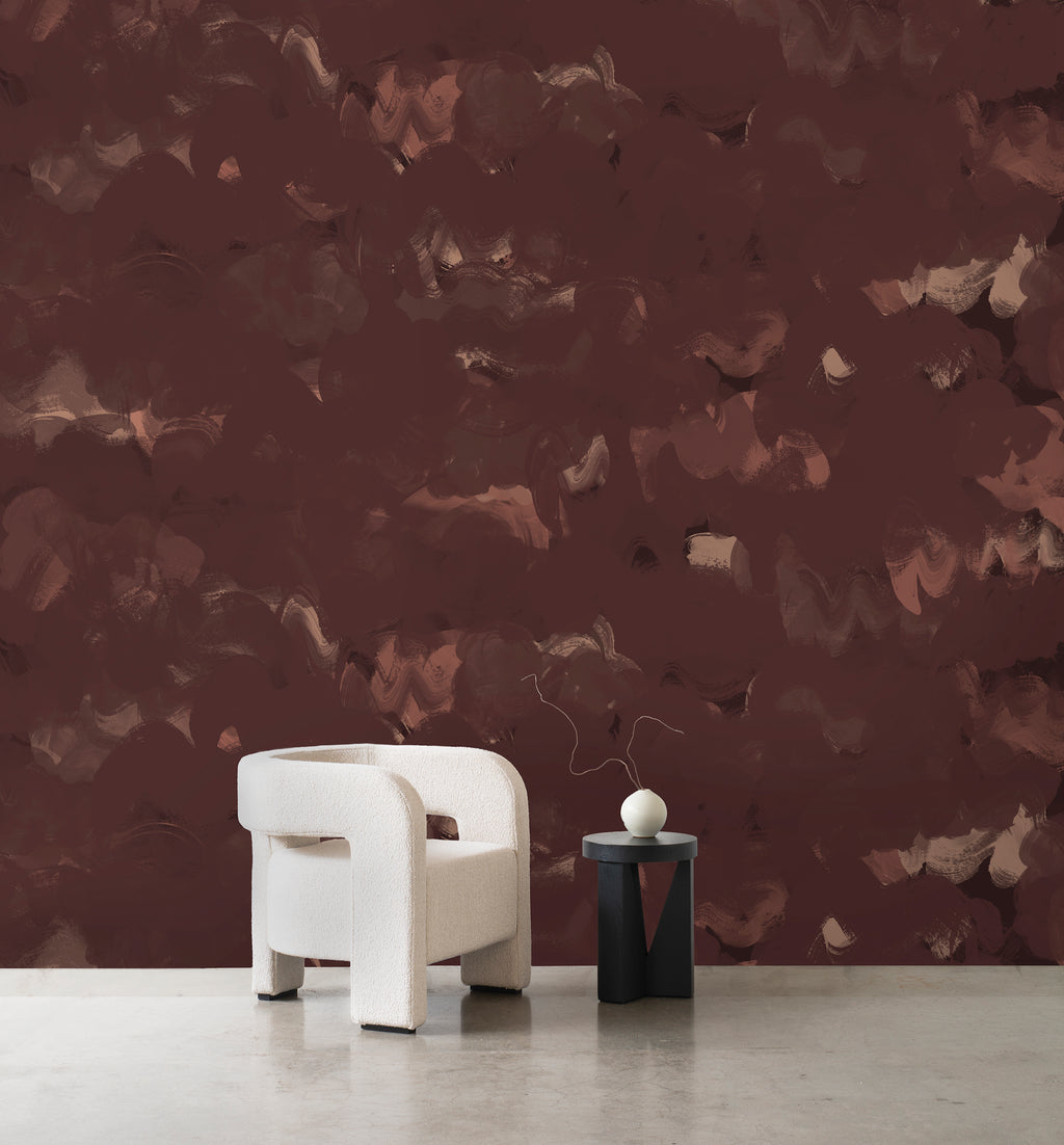 Dreamer wallpaper by Emma Hayes in Merlot, deep burgundy layered brushstrokes with a brushed metallic sheen
